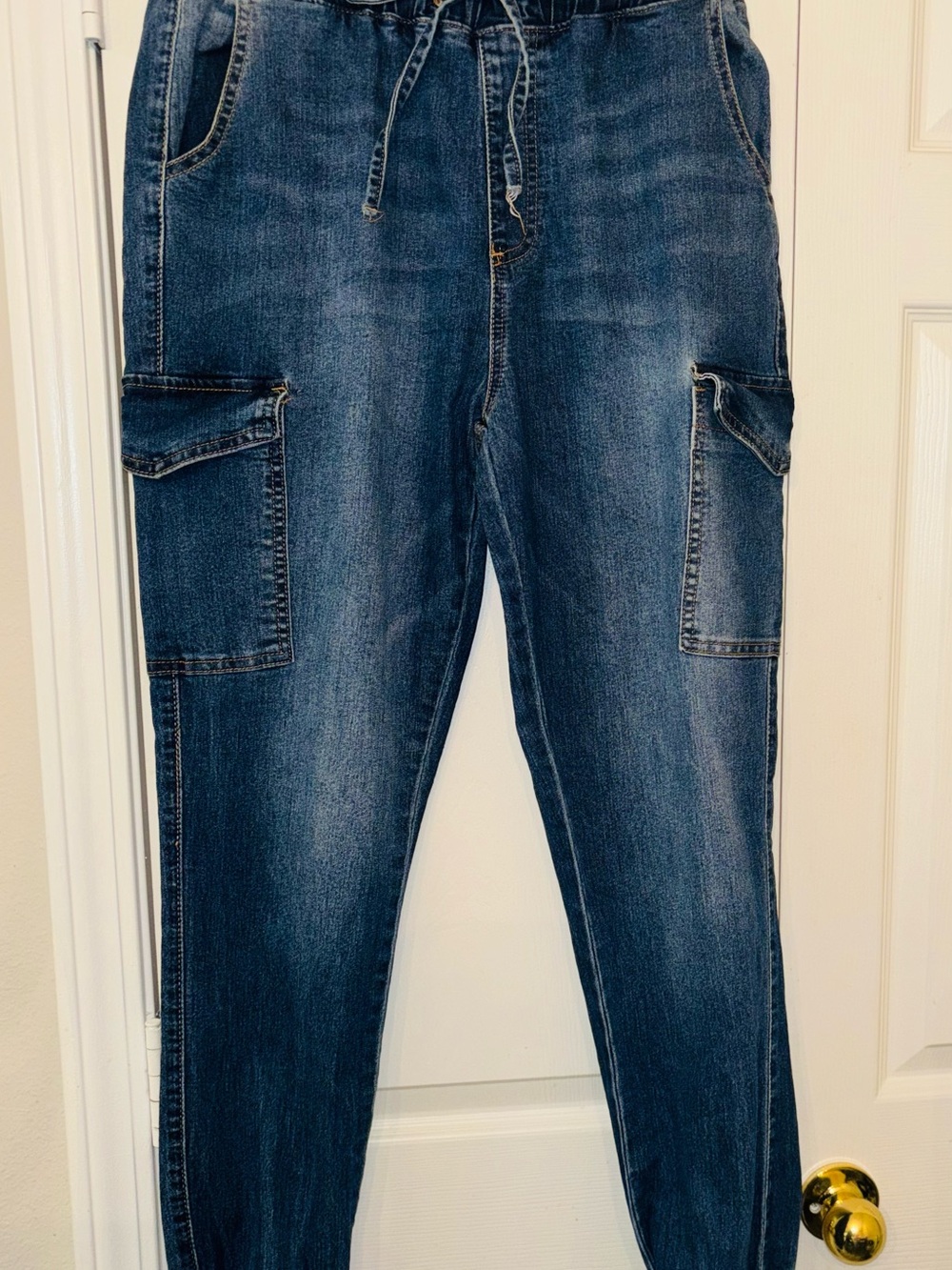 Women's Dark Blue Denim Cargo Jeans - Drawstring Waist